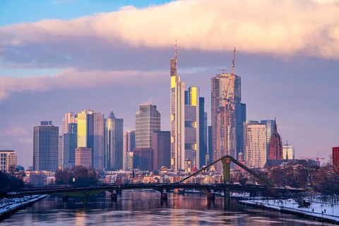 The skyline of Frankfurt am Main, skyscrapers of the banking district, FlöÃŸerbrücke, wintry