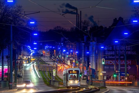 The Blue Ribbon, a light installation along Kurt-Schumacher-StraÃŸe, in Gelsenkirchen Schalke, 2.7