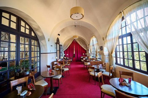 A cosy café with red carpets, tables and chairs under arched windows that let in natural light,