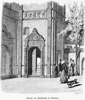 Portal at the princely court in Wismar, Mecklenburg-Western Pomerania, Germany, people, dog,
