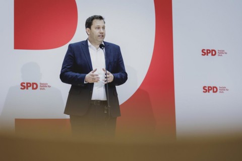 Lars Klingbeil, SPD party chairman, speaks to the press at the kick-off meeting of the SPD party