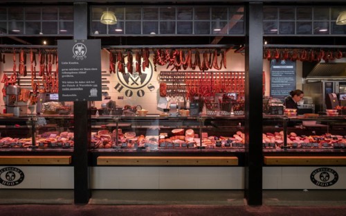 Meat products, sausage products, display, butcher's shop Hoos, Kleinmarkthalle, covered market
