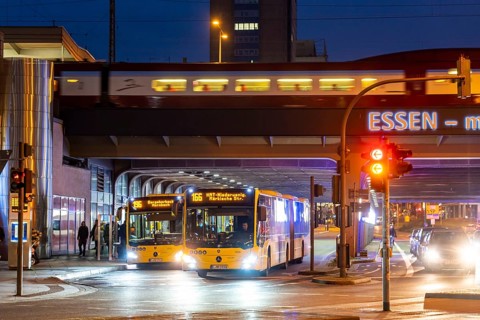 Essen main station, long-distance train, road subway, bus station, bus stops in Essen, North