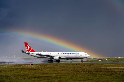 Turkish Airlines Airbus A330-303, TC-JOJ, on the west runway, rainbow, Frankfurt am Main Airport,