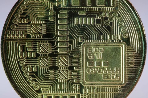 Bitcoin, cryptocurrency, symbol coin, reverse side, blockchain, optical placeholder for the digital