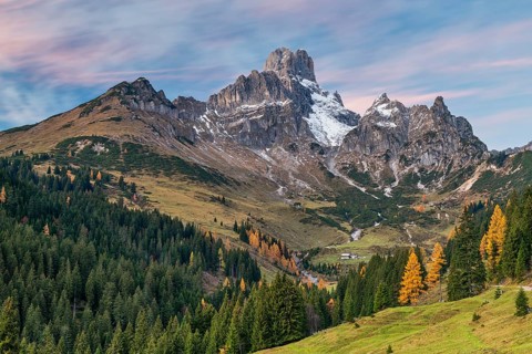 Autumn forest in front of the large Bischofsmütze, sunset, Gosaukamm, Dachstein mountains,