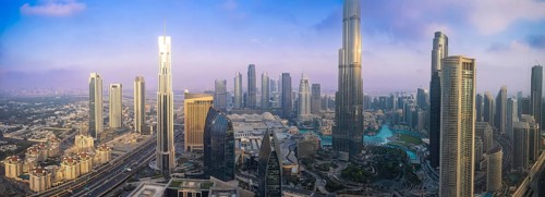 UAE, Dubai panoramic skyline view of city downtown and Dubai Mall