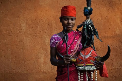 Portrait of a teenage girl from the Bison horn maria tribe, Bastar region, Chhattisgarh, India. She