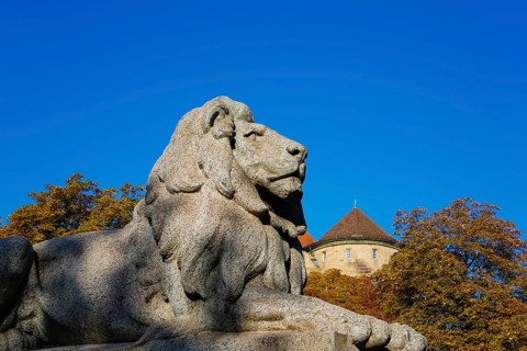 Resting lion made of granite on the terraced base of the equestrian statue of Emperor Wilhelm I on