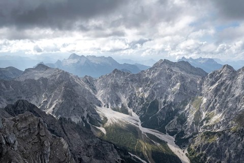 View of Wimbachgries valley and mountain panorama with rocky mountain peak of Hochkalter, at