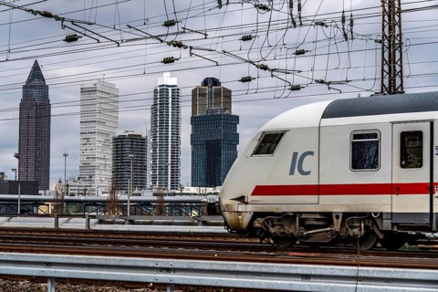 ICE train on the track in front of the main station of Frankfurt am Main, Skyline, Hesse, Germany,