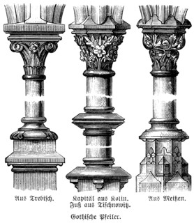 Gothic pillars with base and capital from Trzebiszewo Poland, Meissen, Tisnov Czech Republic,
