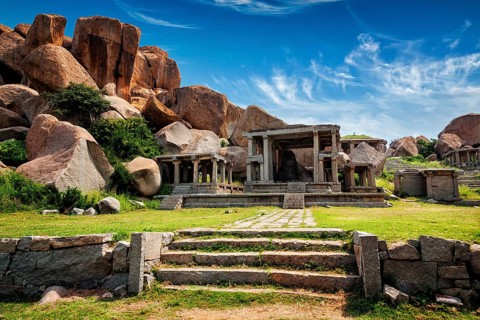 Tourist indian landmark Ancient ruins in Hampi. Hampi Bazaar, Hampi, Karnataka, India, Asia