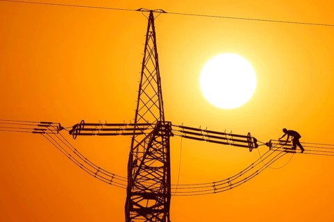 Photomontage, overhead line fitter working on a high-voltage pylon, overhead lines, energy, worker,