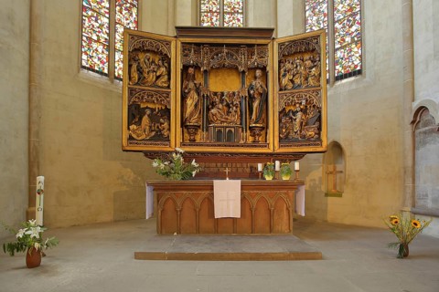 Gothic high altar by Linhart Könbergk 1492 with sculptures, colourful stained glass windows,