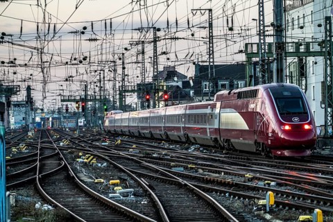 Eurostar train on its way to Brussels, Cologne Central Station, tracks on the west side, overhead
