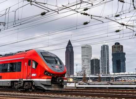Regional train on the track in front of Frankfurt am Main main station, Skyline, Hesse, Germany,