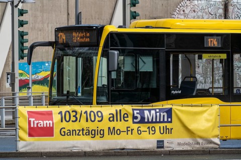 Ruhrbahn transport bus, at Essen-Steele S-Bahn station, interface between rail transport and the