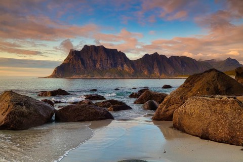 Evening atmosphere at Uttakleiv beach, Leknes, Nordland, Lofoten, Norway, Europe