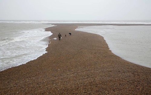 Temporary shingle spit perpendicular to coast formed by strong southerly winds, Shingle Street,