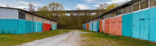 Industrial site with coloured Tor tor on the warehouses, Stralsund, Mecklenburg-Vorpommern,