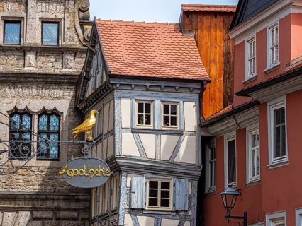 Historical houses in downtown Ochsenfurt at river Main, Bavaria, Germany, Europe