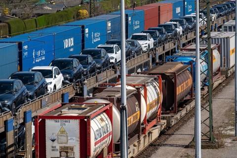 Duisburg-Rheinhausen freight station, at the Logport harbour area, goods trains loaded with new