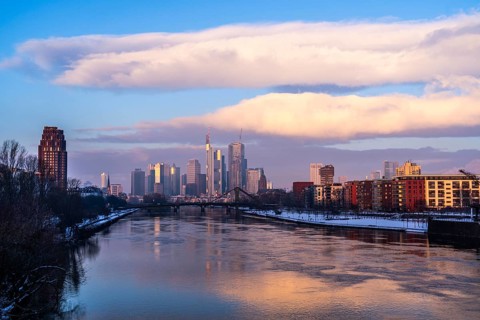 The skyline of Frankfurt am Main, skyscrapers of the banking district, FlöÃŸerbrücke, wintry