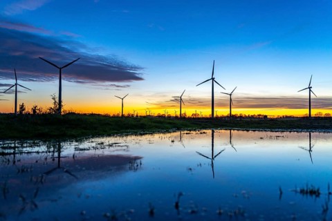 Wind farm near Holzweiler, town of Erkelenz, wind turbines, rain puddle, North Rhine-Westphalia,