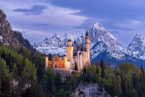Neuschwanstein Castle near Füssen, Schwangau, AllgÃ¤u Alps, night shot, illuminated, snow, East