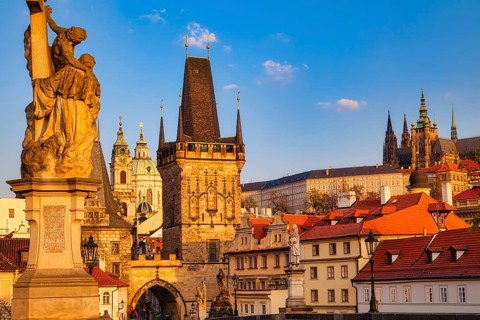 Lesser Town Bridge Tower in the early morning, Charles Bridge in Prague, Czech Republic, Europe