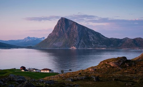 Landscape at Stornappstinden mountain. View of the mountain Offersoykammen on Vestvagoya. Some