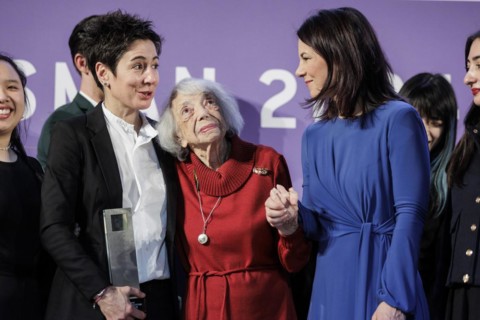 (L-R) Dunja Hayali, journalist and TV presenter, Margot FriedlÃ¤nder, Holocaust survivor, and
