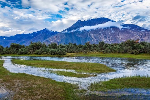Panorama of Himalayas and landscape of Nubra valley on sunset. Hunber, Nubra valley, Ladakh, India,