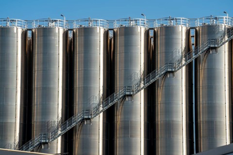 Stainless steel tanks of a large silo facility in Duisburg inland harbour, Duisburg-Neuenkamp, for