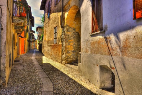 Old Beautiful Narrow Stone Alley in a Sunny Day in Cannobio, Piedmont, Italy, Europe