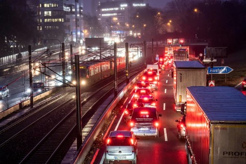 Traffic jam on the A40 motorway, Ruhrschnellweg, in Essen, in front of the Ruhrschnellweg tunnel,