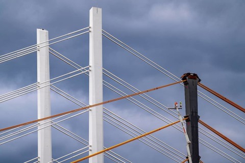 The new Rhine bridge Neuenkamp, the A40, white pillar ropes, and the old motorway bridge, which is