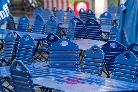 Catering, blue chairs and tables in a beer garden, outdoor catering, empty, closed