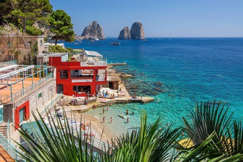 Marina Piccola bay on the south coast with the Faraglioni rocks, the island's landmarks, Capri,