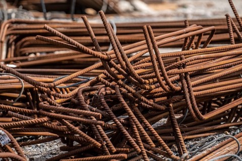 Large construction site, construction iron, reinforcement iron, concrete construction, reinforced