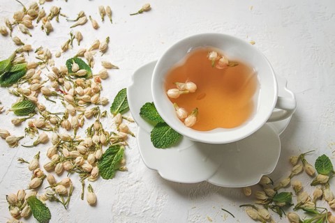 Jasmine Tea, drink, Jasmine flowers, dry, herbal, tea, top view, no people