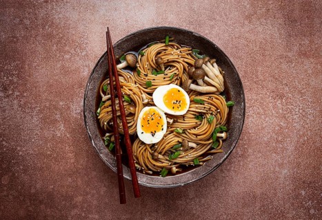 Buckwheat noodles, soba, with shimeji mushrooms, boiled egg, green onion, sesame seeds, homemade,