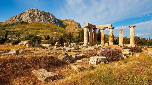 Archaic Temple of Apollo, Doric columns, Wide field of ruins with ancient columns, wild flowers and