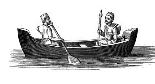 East Indian postal officials in a rowing boat, illustration from 1880, India, Historical, digital