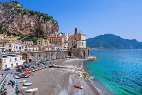 Waterfront of the village with beach, Atrani, Amalfi Coast, Amalfitana, Campania, Italy, Europe