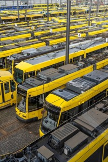 Warning strikes in local public transport, Ruhrbahn trams at the depot, VERDI union members on
