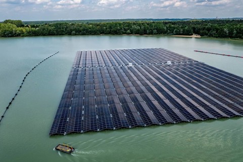 Germany's largest floating solar power plant on the Silbersee III, a quarry pond no longer used for