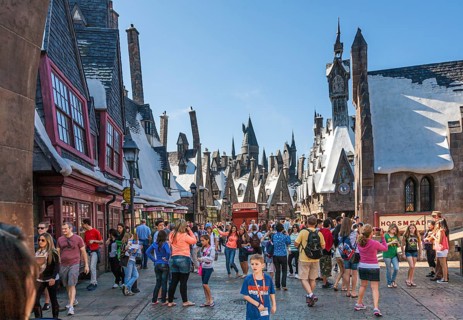 Park guests pose for photographs in The Wizarding World of Harry Potter at Universal Studios,
