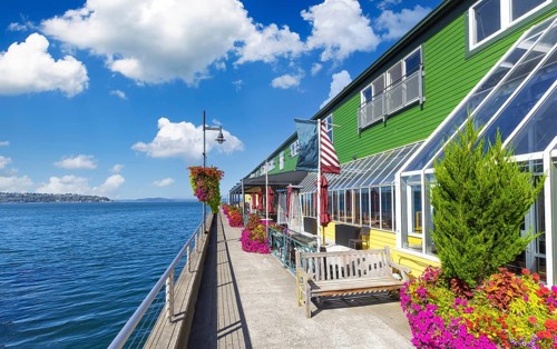 Panoramic view of Seattle Bell Harbor Marina and Seattle harbor piers and restaurants